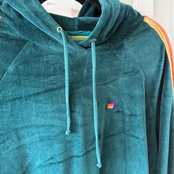 Aviator Nation Classic Velvet Pullover Hoodie Sweatshirt Teal // Rainbow Stripe - Picture 2 of 5